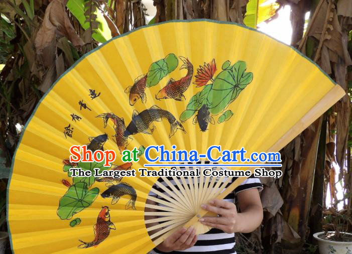 Chinese Traditional Yellow Paper Fans Decoration Crafts Handmade Painting Lotus Fishes Folding Fans