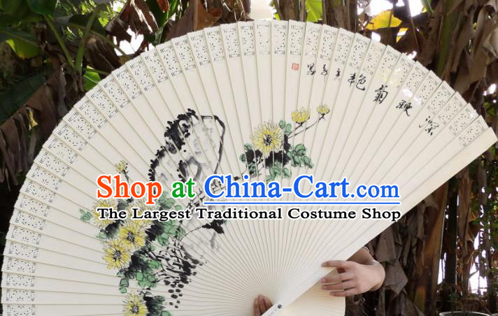 Chinese Traditional Wood Fans Decoration Crafts Handmade Printing Chrysanthemum Folding Fans