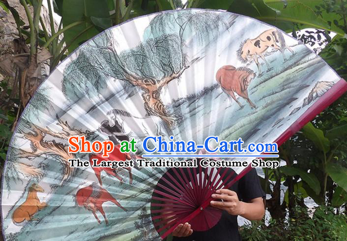 Chinese Traditional Crafts Red Frame Folding Fans Ink Painting Horses Paper Fans