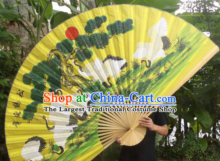 Chinese Traditional Fans Decoration Crafts Wood Frame Painting Cranes Folding Fans Yellow Paper Fans