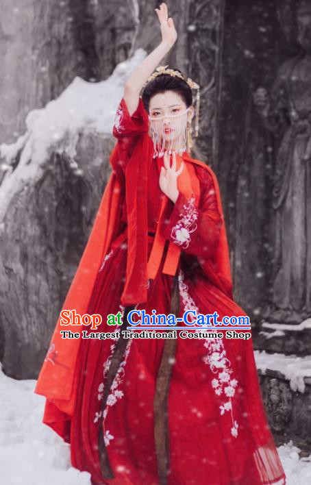 Traditional Chinese Tang Dynasty Palace Lady Dance Costumes Ancient Imperial Consort Red Hanfu Dress for Women