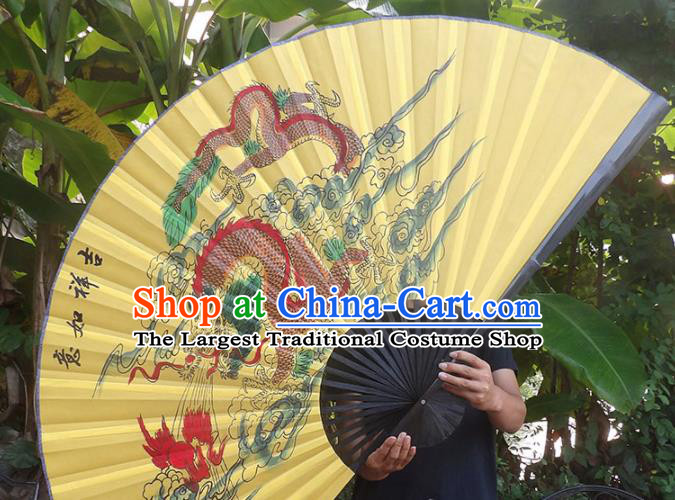 Chinese Traditional Handmade Yellow Silk Fans Decoration Crafts Ink Painting Dragon Black Frame Folding Fans