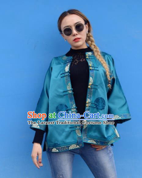 Chinese Traditional Mongol Ethnic Costume Mongolian Minority Nationality Blue Brocade Blouse for Women