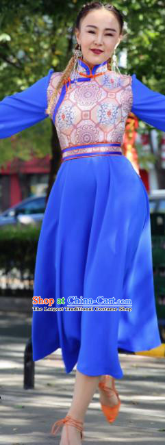 Chinese Traditional Mongol Ethnic Female Costume Mongolian Minority Nationality Blue Dress for Women