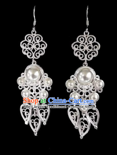 Chinese Ethnic Jewelry Accessories Mongolian Minority Nationality White Beads Earrings for Women