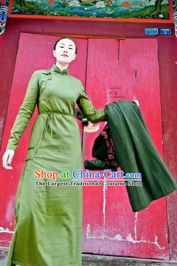 Chinese Traditional Mongol Minority Ethnic Costume Mongolian Green Dress for Women