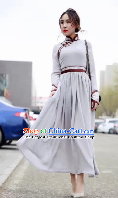 Chinese Mongol Minority Ethnic Costume Traditional Mongolian Grey Dress for Women