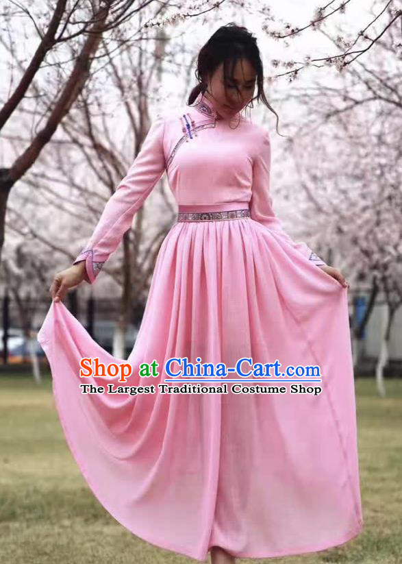 Chinese Mongol Minority Ethnic Costume Traditional Mongolian Pink Dress for Women
