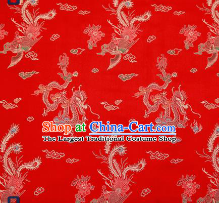 Traditional Chinese Classical Red Satin Brocade Drapery Dragon Phoenix Pattern Design Qipao Dress Silk Fabric Material