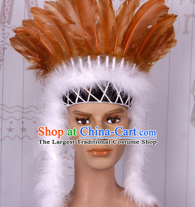 Halloween Catwalks Apache Chief Orange Feather Headdress Cosplay Thanksgiving Day Primitive Tribe Feather Hat for Adults