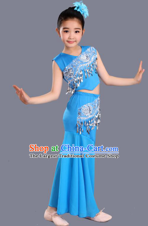 Chinese Traditional Ethnic Costumes Dai Nationality Folk Dance Pavane Blue Dress for Kids