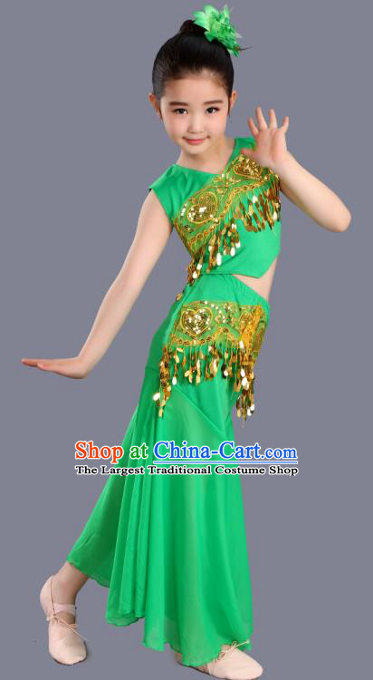 Chinese Traditional Ethnic Costumes Dai Nationality Folk Dance Pavane Green Dress for Kids