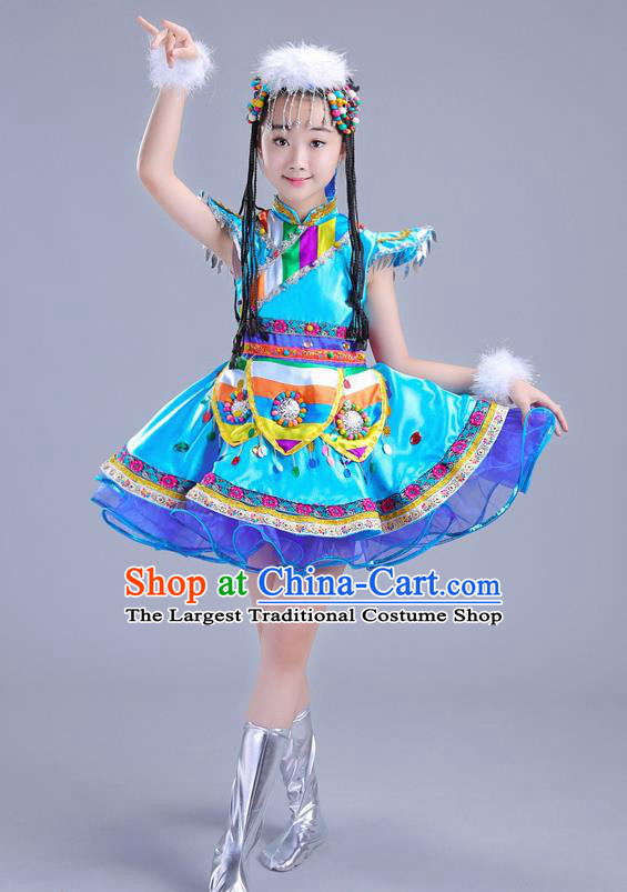 Chinese Traditional Ethnic Costumes Mongolian Nationality Folk Dance Blue Dress for Kids