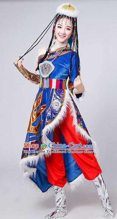 Chinese Traditional Tibetan Ethnic Costumes Zang Nationality Folk Dance Royalblue Dress for Women