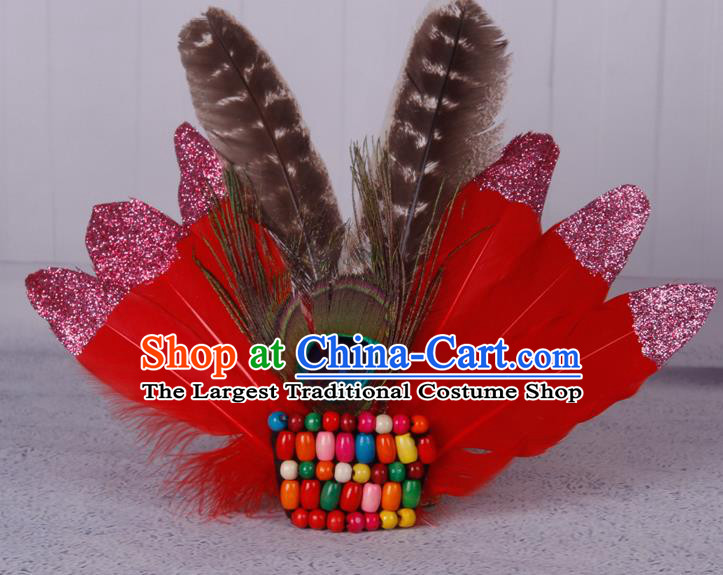 Halloween Catwalks Red Feather Hair Accessories Cosplay Primitive Tribe Feather Hair Clasp for Kids