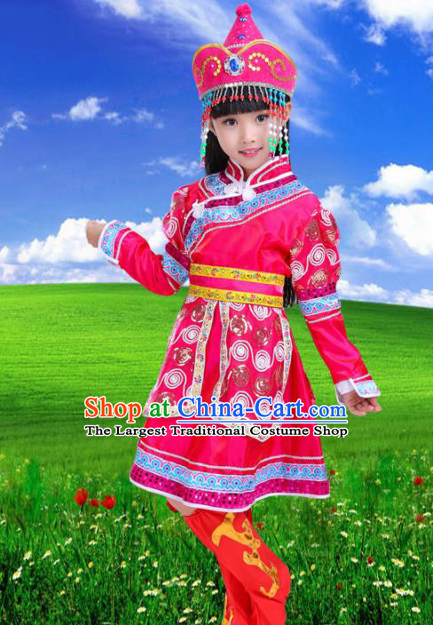 Chinese Mongolian Ethnic Costumes Traditional Mongol Nationality Folk Dance Rosy Dress for Kids