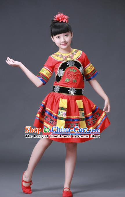 Chinese Hmong Ethnic Costumes Traditional Miao Nationality Folk Dance Red Dress for Kids