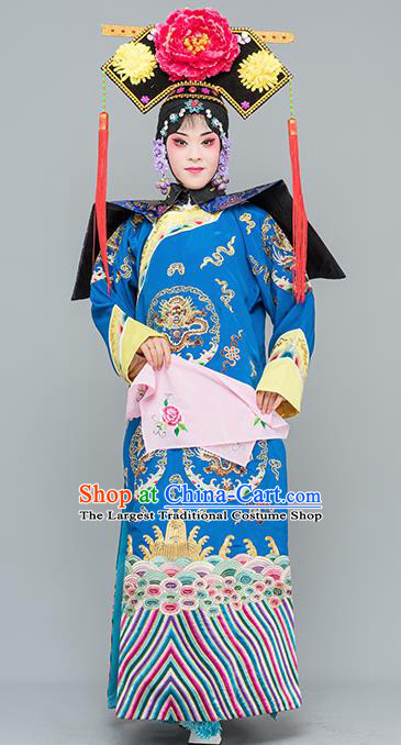Chinese Traditional Peking Opera Diva Costumes Ancient Qing Dynasty Empress Blue Dress for Adults