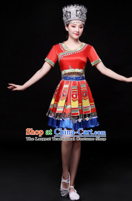 Chinese Traditional Miao Nationality Folk Dance Costume Hmong Minority Dance Red Dress for Women