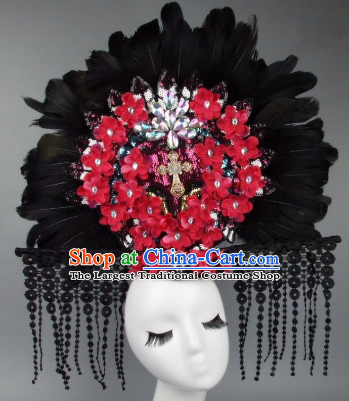Handmade Halloween Cosplay Red Flowers Feather Hair Accessories Chinese Stage Performance Hair Clasp Headdress for Women