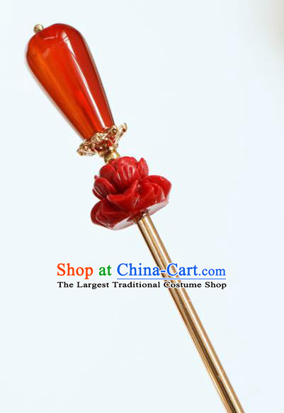 Chinese Traditional Handmade Red Lotus Hair Clip Hair Accessories Ancient Agate Hairpins for Women