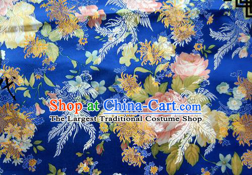 Asian Chinese Traditional Tang Suit Fabric Royalblue Brocade Silk Material Classical Peony Chrysanthemum Pattern Design Drapery