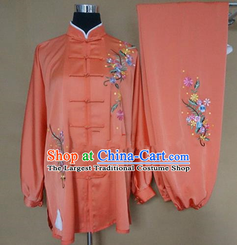 Chinese Traditional Kung Fu Embroidered Orange Costumes Martial Arts Tai Chi Training Clothing for Women