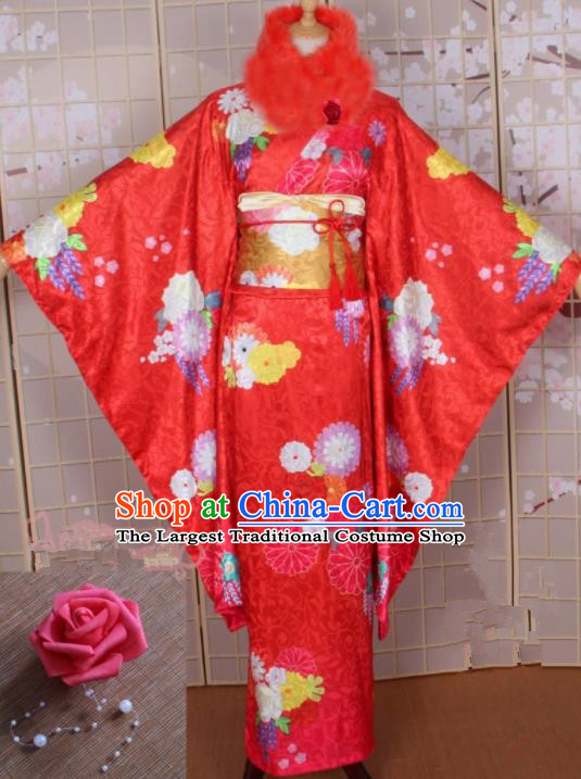 Asian Japanese Traditional Cosplay Costumes Ancient Yokime Red Furisode Kimono Yukata Clothing for Women