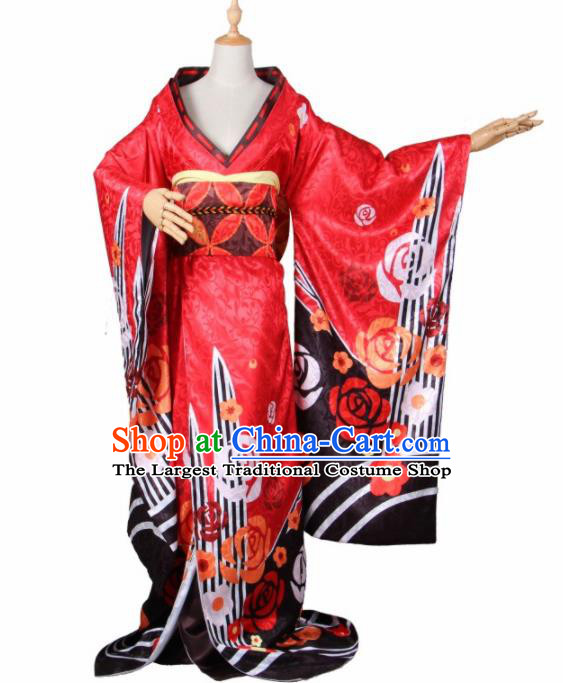 Asian Traditional Red Furisode Kimono Cosplay Costumes Japanese Ancient Geisha Yukata Clothing for Women