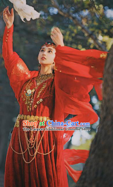 Chinese Traditional Loulan Princess Red Dress Ancient Swordswoman Embroidered Costumes and Headpiece for Women