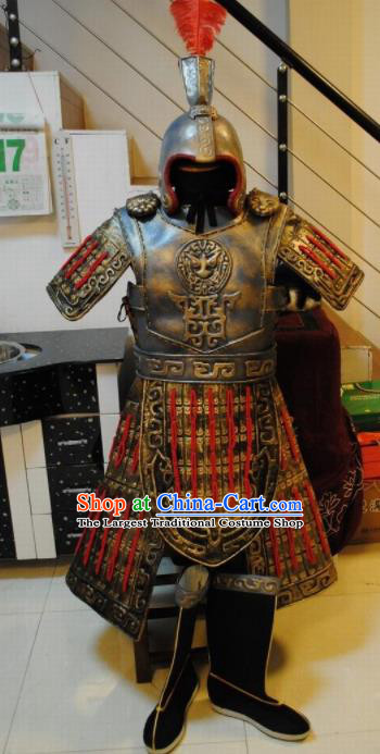 Chinese Traditional Qin Dynasty Warrior Costumes Ancient General Helmet and Body Armour for Men