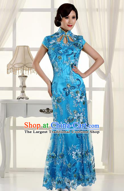 Chinese Traditional Costumes Tang Suit Cheongsam Blue Qipao Dress for Women