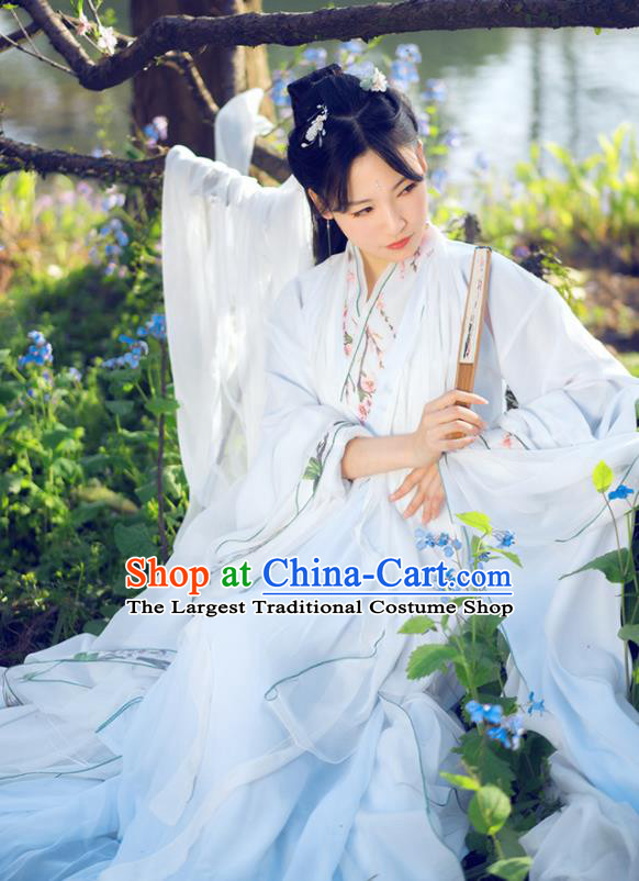 Chinese Traditional Ancient Peri Princess Costumes Jin Dynasty Embroidered White Hanfu Dress for Women