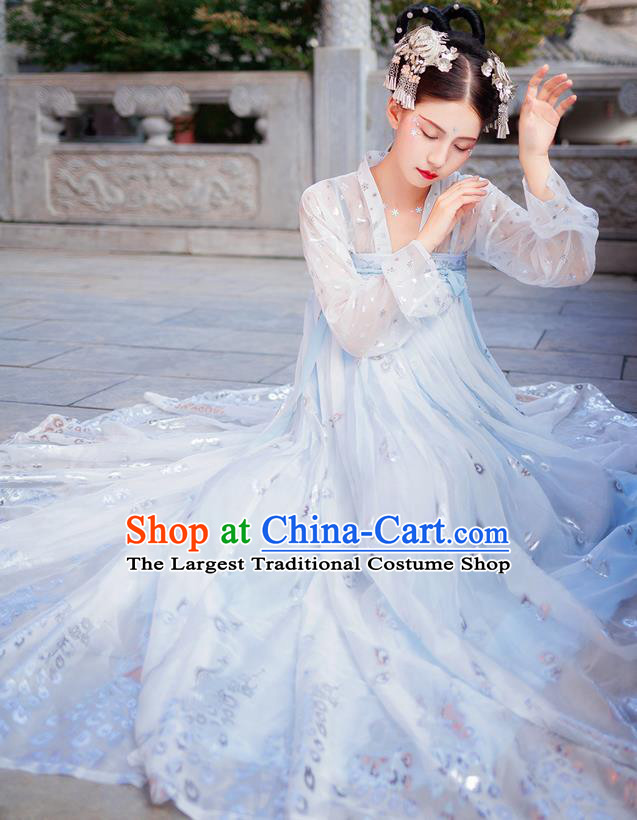 Chinese Tang Dynasty Imperial Consort Royal Embroidered Costumes Ancient Fairy Blue Hanfu Dress for Women