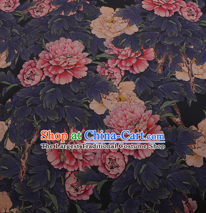 Chinese Classical Navy Satin Plain Cheongsam Drapery Silk Fabric Traditional Peony Pattern Gambiered Guangdong Gauze