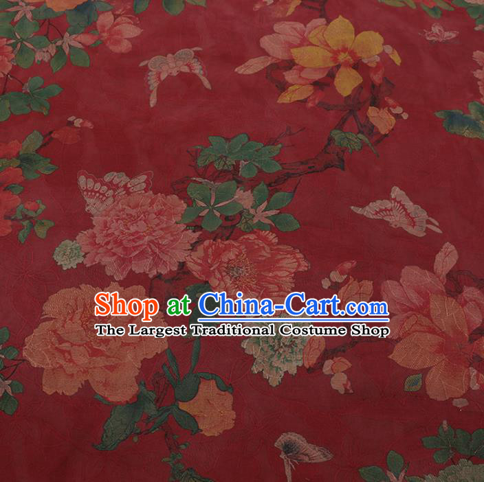 Chinese Classical Red Satin Plain Traditional Butterfly Peony Pattern Cheongsam Drapery Silk Fabric Gambiered Guangdong Gauze