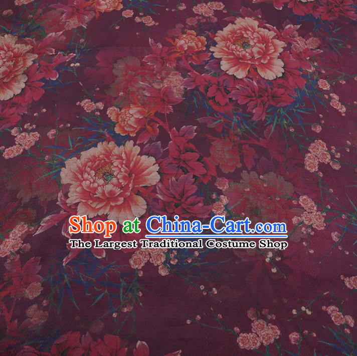 Chinese Classical Purple Silk Fabric Traditional Peony Pattern Satin Plain Cheongsam Drapery Gambiered Guangdong Gauze