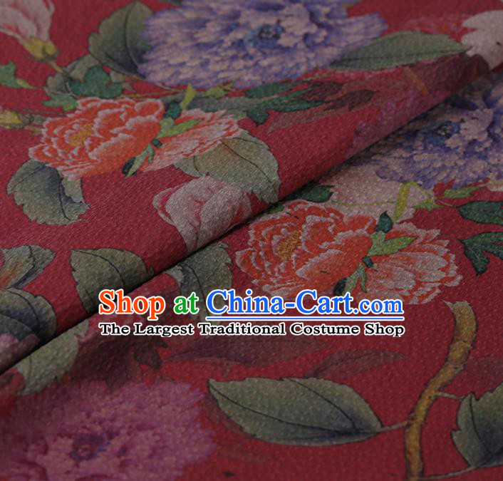 Chinese Classical Silk Fabric Traditional Peony Pattern Red Satin Plain Cheongsam Drapery Gambiered Guangdong Gauze