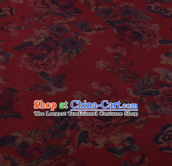 Chinese Classical Silk Fabric Traditional Peony Butterfly Pattern Red Satin Plain Cheongsam Drapery Gambiered Guangdong Gauze