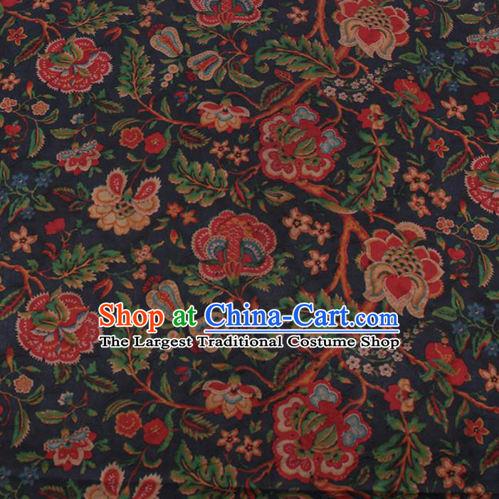 Chinese Classical Navy Silk Fabric Traditional Peony Pattern Satin Plain Cheongsam Drapery Gambiered Guangdong Gauze