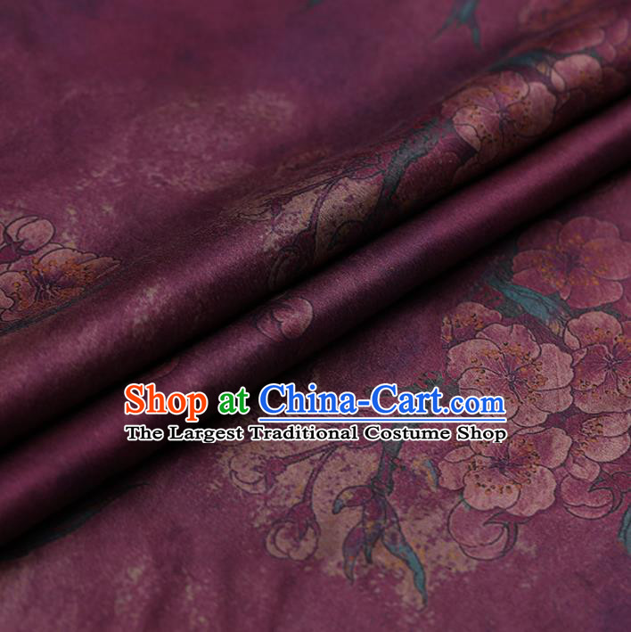 Asian Chinese Traditional Gambiered Guangdong Gauze Purple Satin Plain Classical Plum Blossom Pattern Cheongsam Silk Drapery