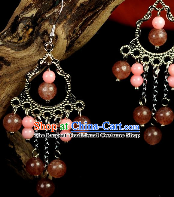 Chinese Traditional Jewelry Accessories Ancient Hanfu Pink Beads Earrings for Women