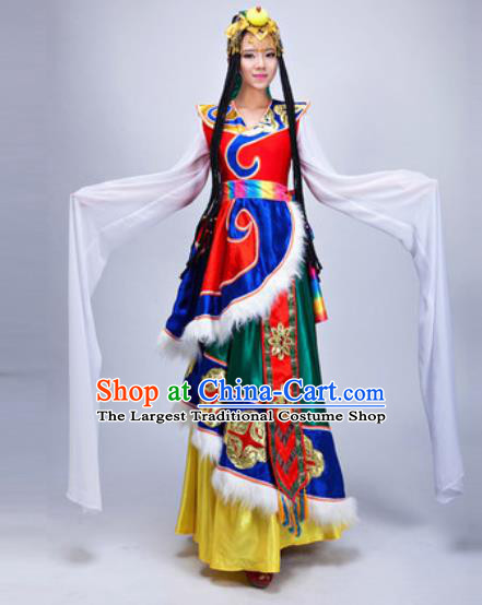 Chinese Traditional Zang Ethnic Costumes Tibetan Minority Folk Dance Dress for Women