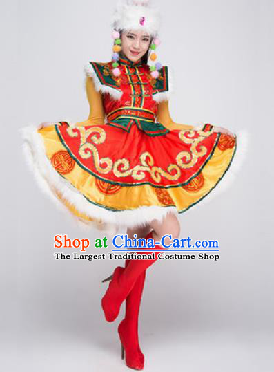 Chinese Traditional Mongol Ethnic Costumes Mongolian Minority Folk Dance Red Dress for Women