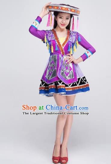 Chinese Traditional Ethnic Costumes Zhuang Minority Folk Dance Purple Dress for Women