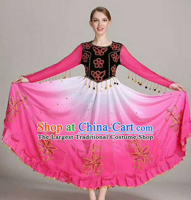 Chinese Traditional Uigurian Ethnic Costumes Uyghur Minority Folk Dance Rosy Dress for Women