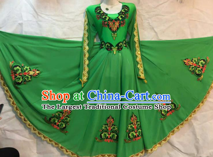 Chinese Traditional Xinjiang Uigurian Ethnic Green Costumes Uyghur Minority Folk Dance Dress for Women