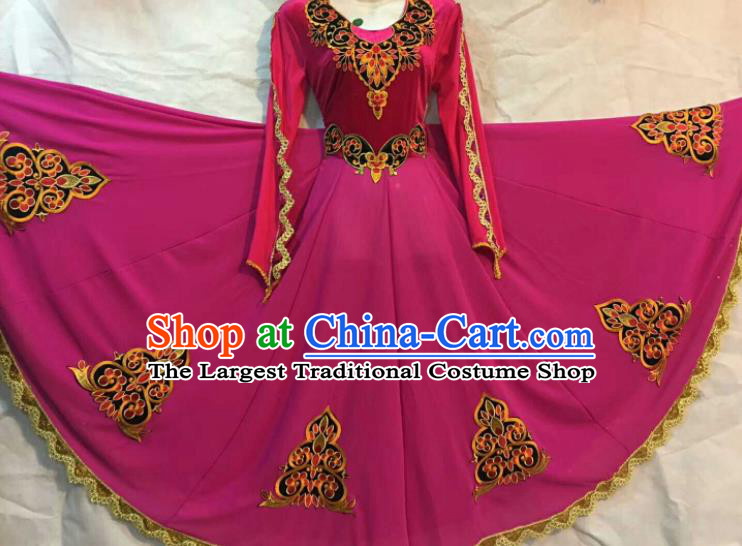 Chinese Traditional Uigurian Ethnic Costumes Xinjiang Uyghur Minority Folk Dance Rosy Dress for Women