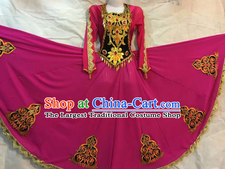 Chinese Traditional Uigurian Nationality Ethnic Costumes Xinjiang Uyghur Minority Folk Dance Rosy Dress for Women