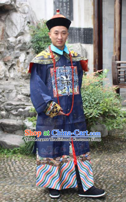 Chinese Traditional Ancient Qing Dynasty Manchu Grand Minister Embroidered Costumes and Hat for Men